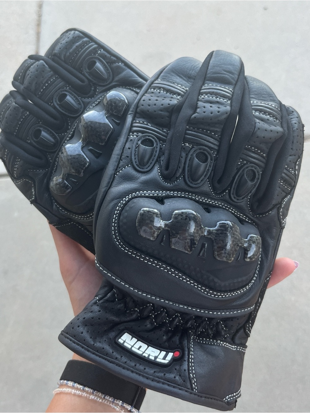 NORU Black Leather Motorcycle Gloves with Knuckle Protection